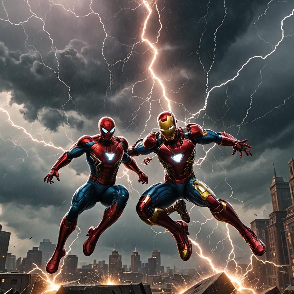 Epic Arcane Lightning Storm with Spiderman and Iron Man