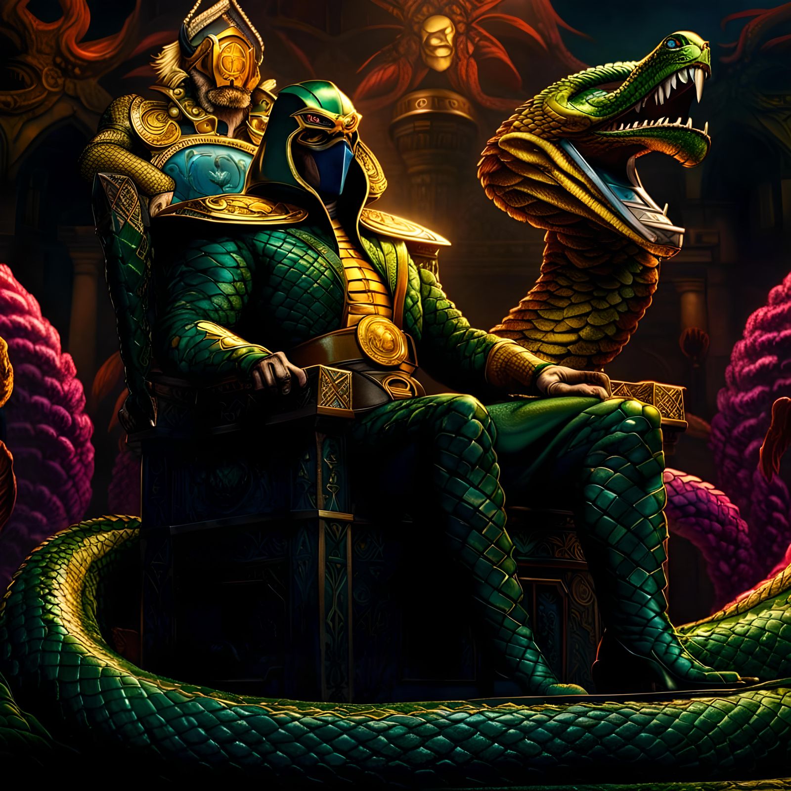 Hyperrealistic Serpentor on Serpent Throne: Splash Art