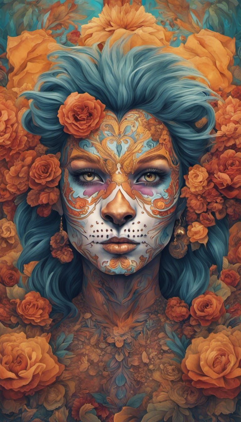 Day of the Dead Lioness Tattoo, Alphonse Mucha Style