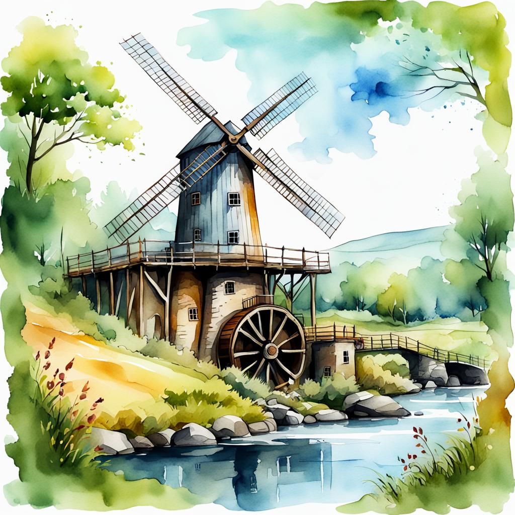 Watercolor Landscape with Mill Digital Illustration