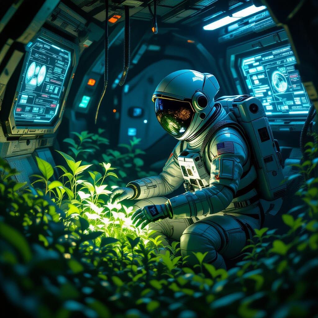 Astronaut's Bioluminescent Garden in Derelict Spaceship