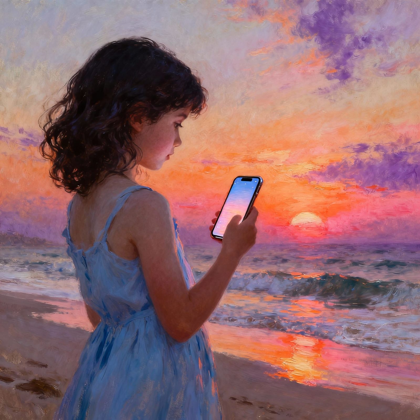 Girl with iPhone on Beach at Sunset, Cinematic Style