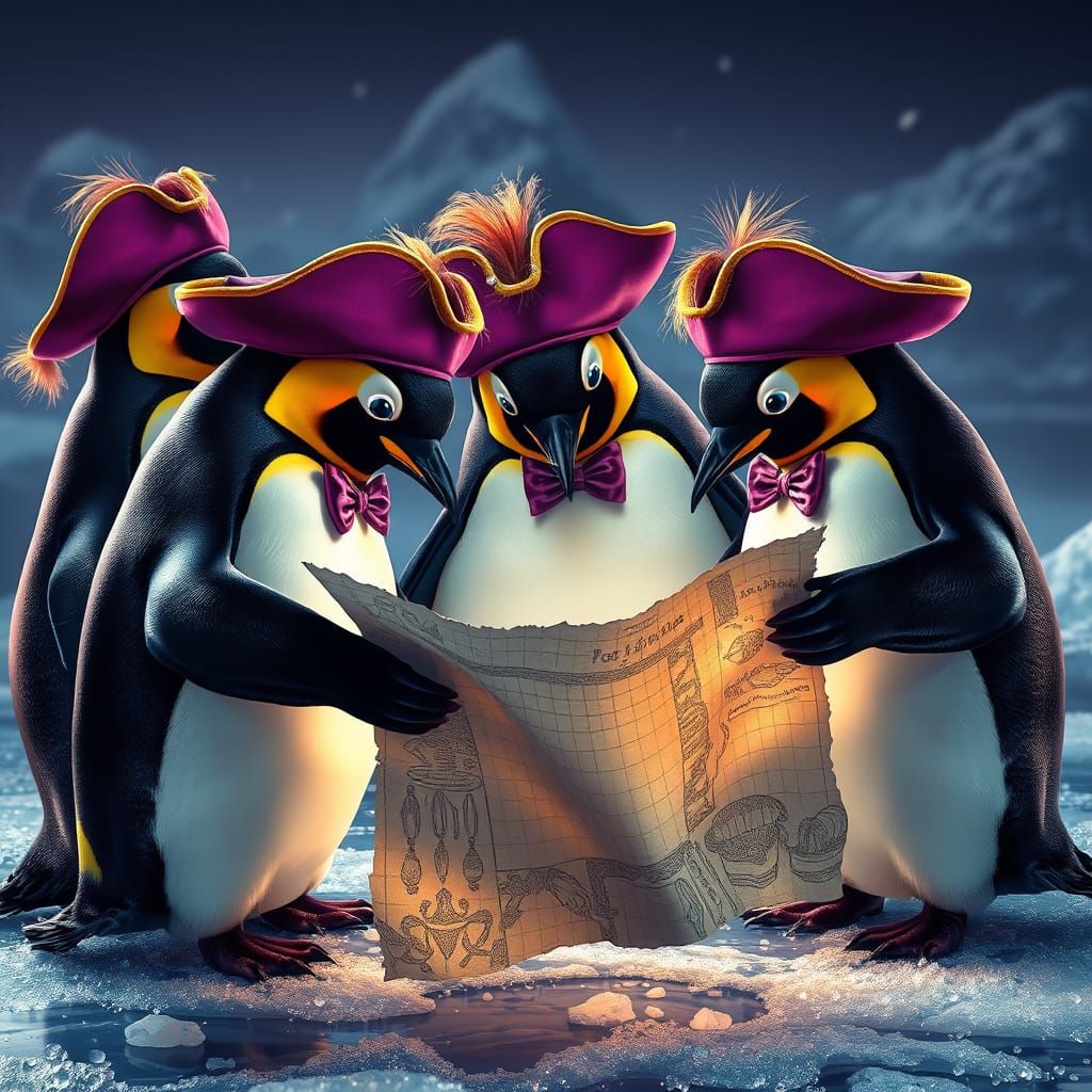 Penguins Plotting Treasure, Dark Fantasy Concept Art