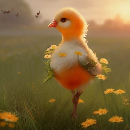 Cute Chick in Flower Meadow, Hyperdetailed Art