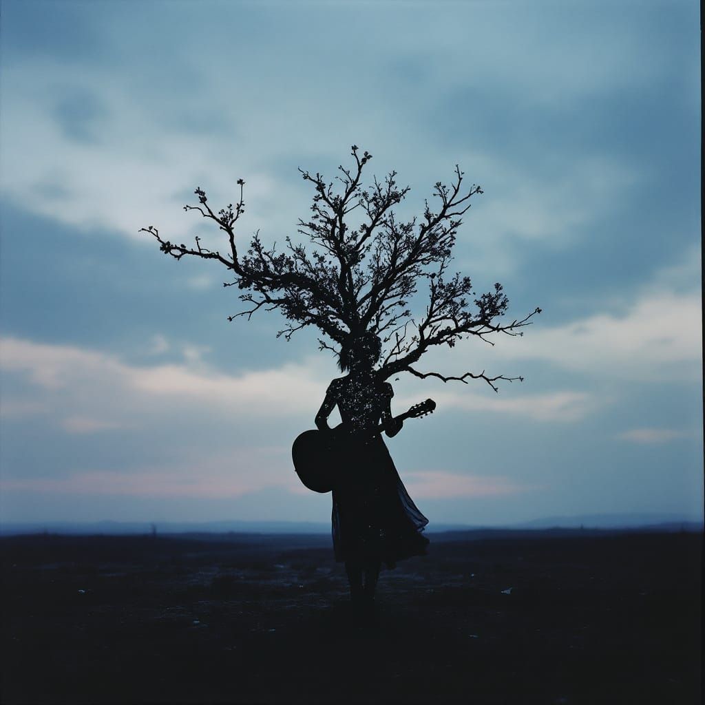 Woman Guitarist Silhouette with Double Exposure Tree