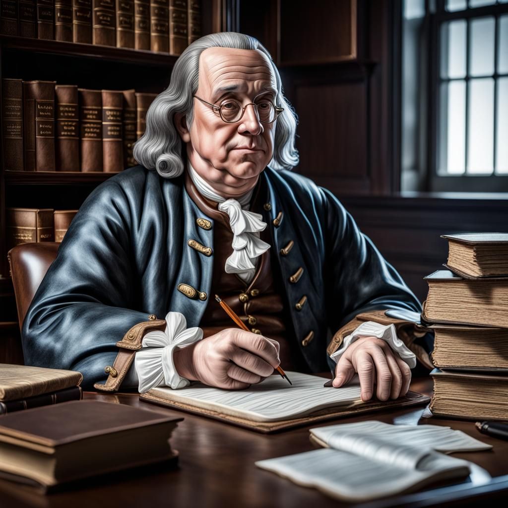Benjamin Franklin at His Desk: Hyperrealistic Portrait