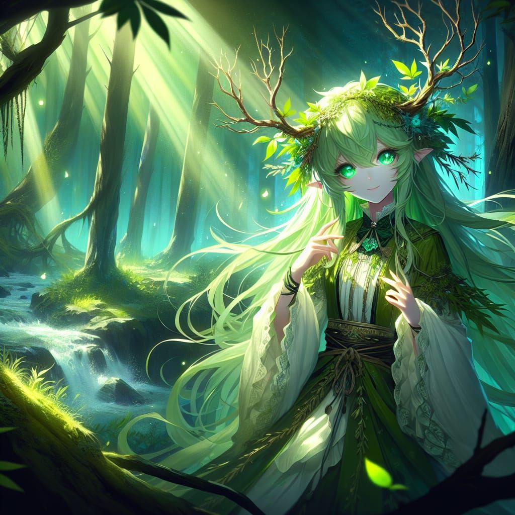 Anime Dryad in Forest, Detailed Matte Painting