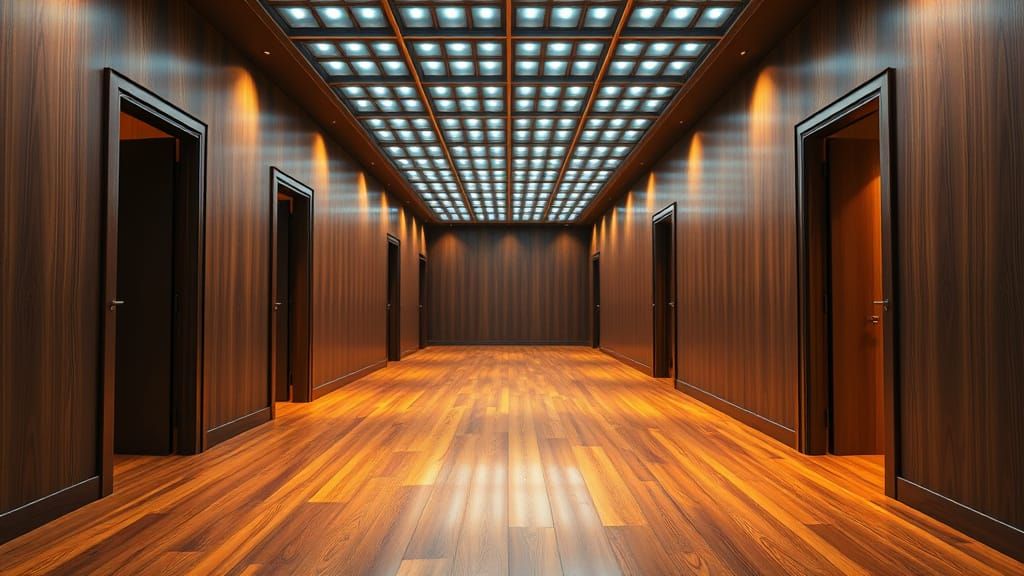 Sleek Modern Television Studio Hallway in Photorealistic Sty...