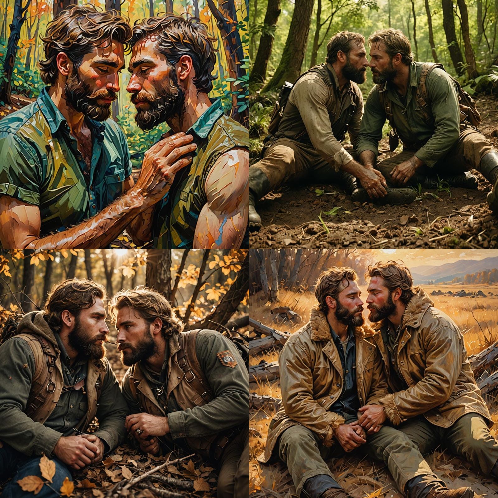 two young bearded muddy  hunky hunters kissing each other on the ground while caressing their hairy chests