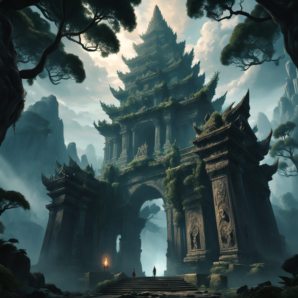 Ancient Temple Hidden in Misty Mountains as Dark Fantasy Con...