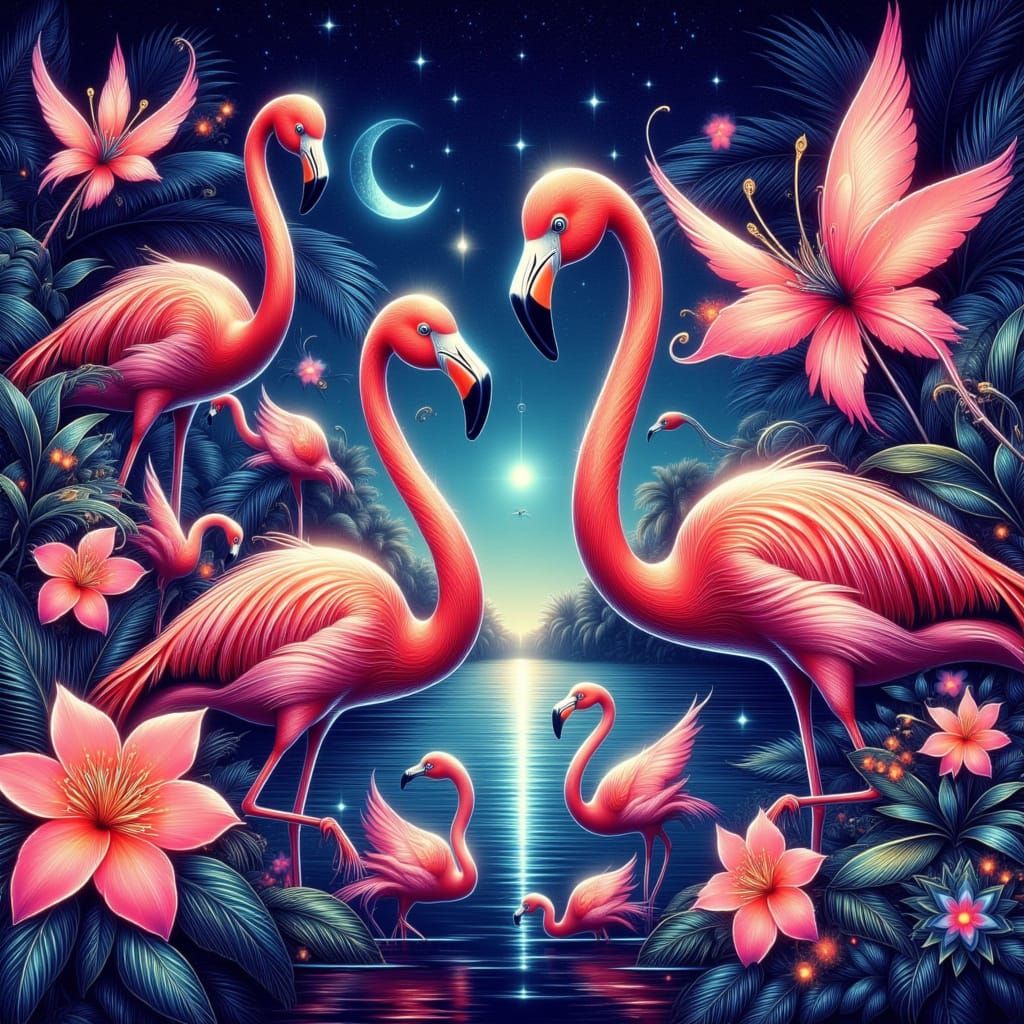 Ethereal Flamingos on a Cosmic Racer Track in Art Nouveau St...