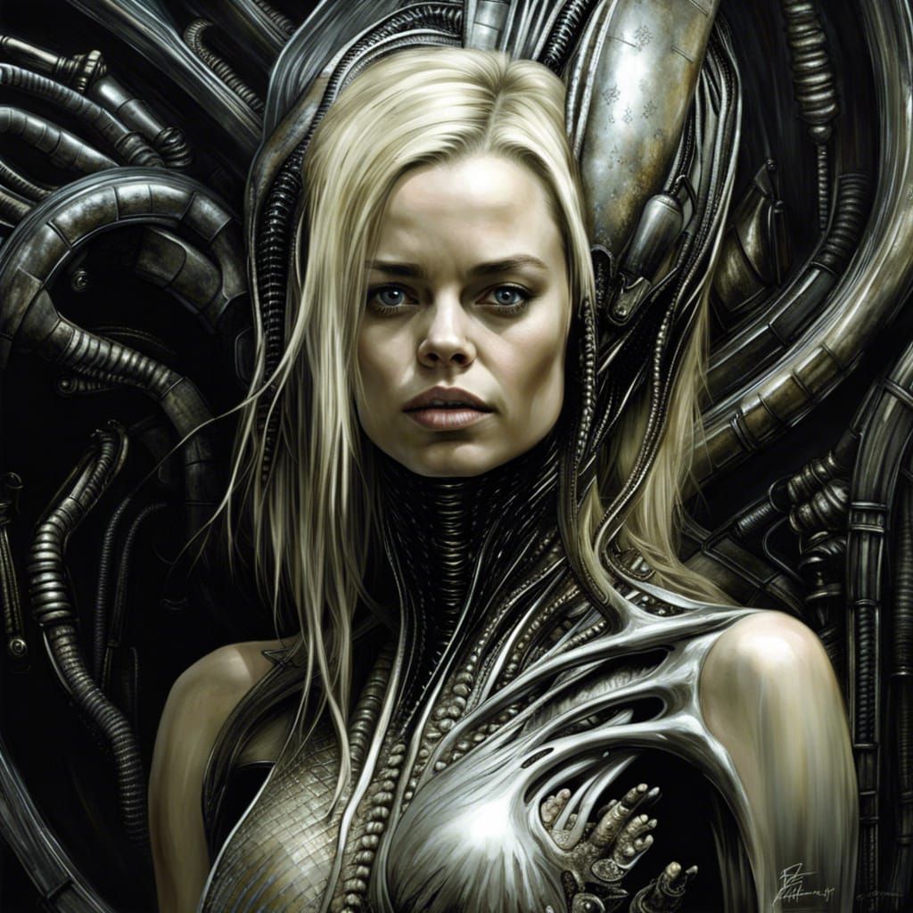 an alien Hans Giger, [margot robbie | anna de armas], full body, perfect face, gorgeus face, perfect body, complex detai...