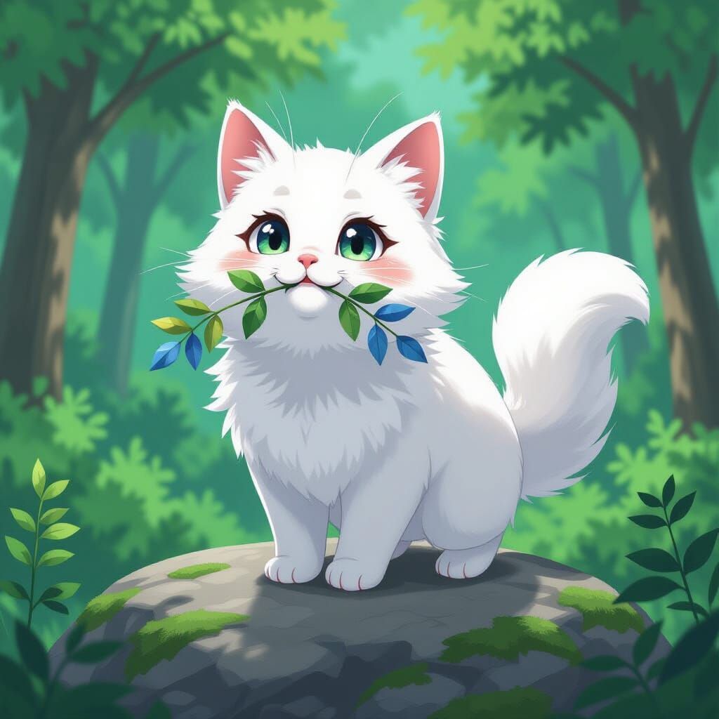 White Cat in Forest, Anime Style