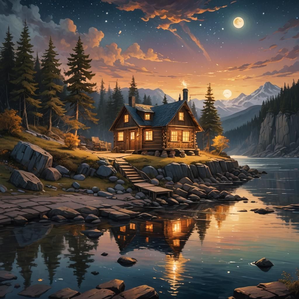 Cozy Cabin on Rocky Shore in Fantasy Landscape