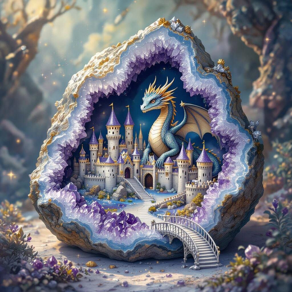 Miniature Dragon Kingdom Inside Geode, Ethereal Style