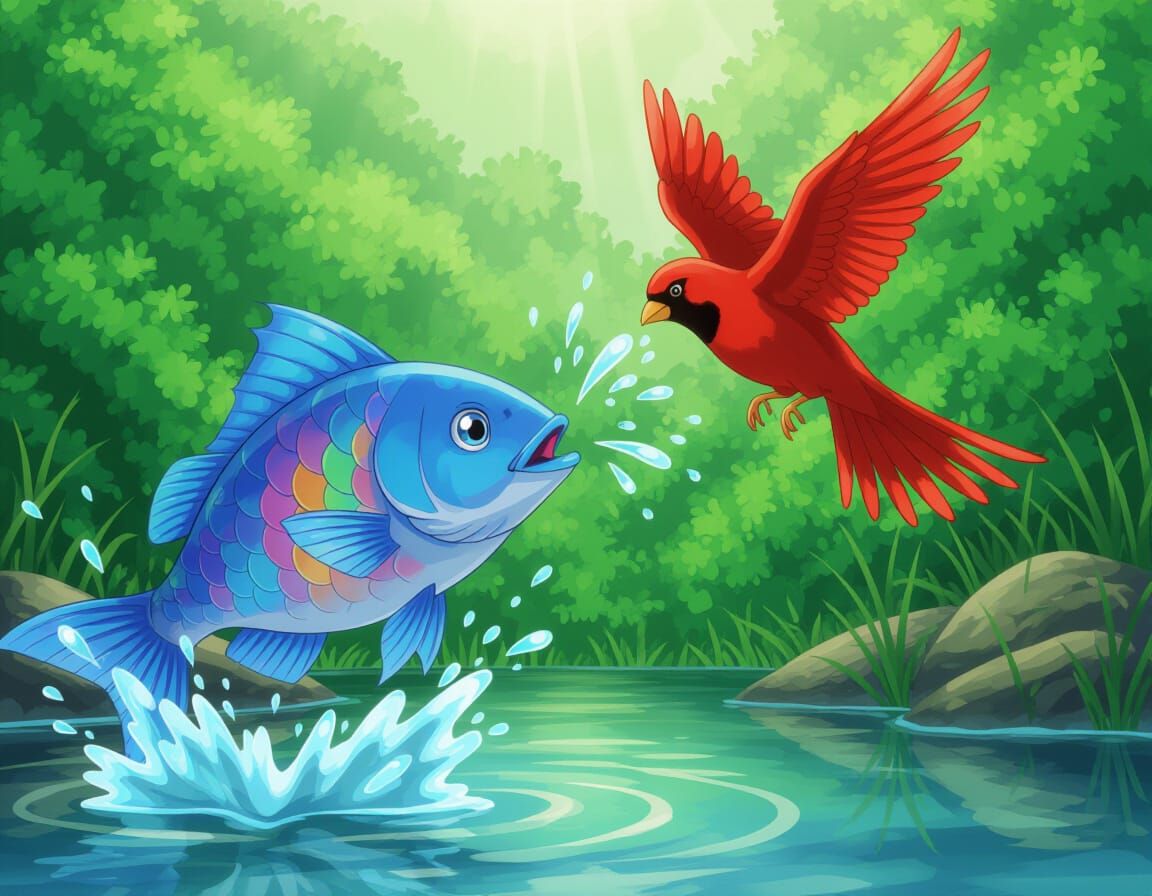 Blue Fish Spits Water at Flying Red Bird in Anime Style