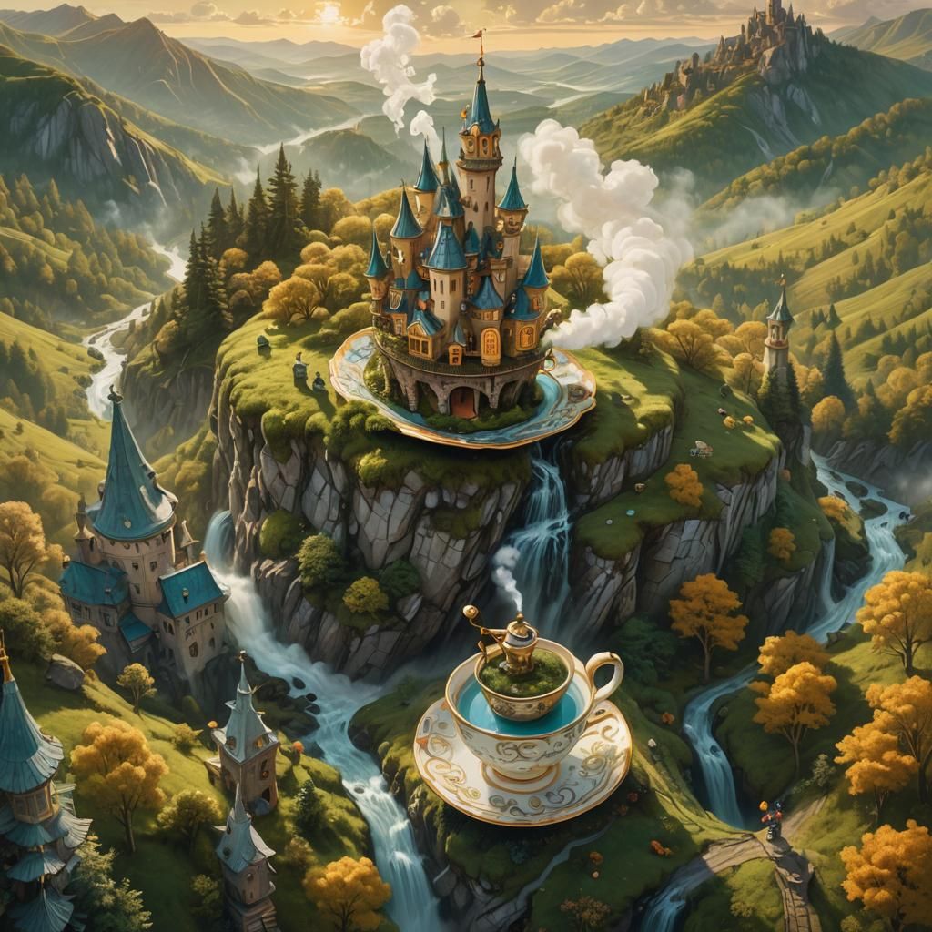 Fantasy World in Teacup: Surreal Digital Art