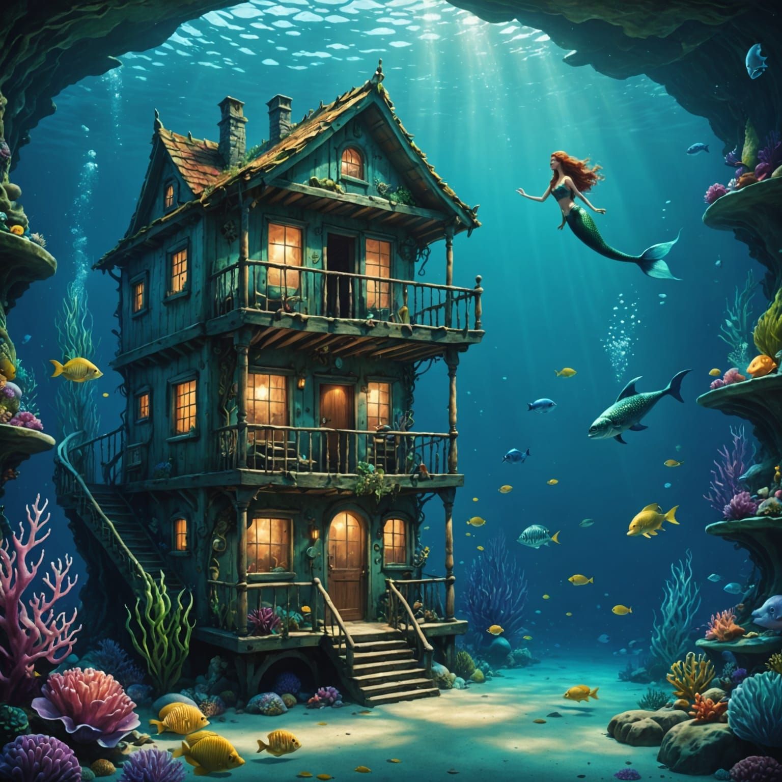 Underwater Meeting: Man, Mermaid, and Glass House