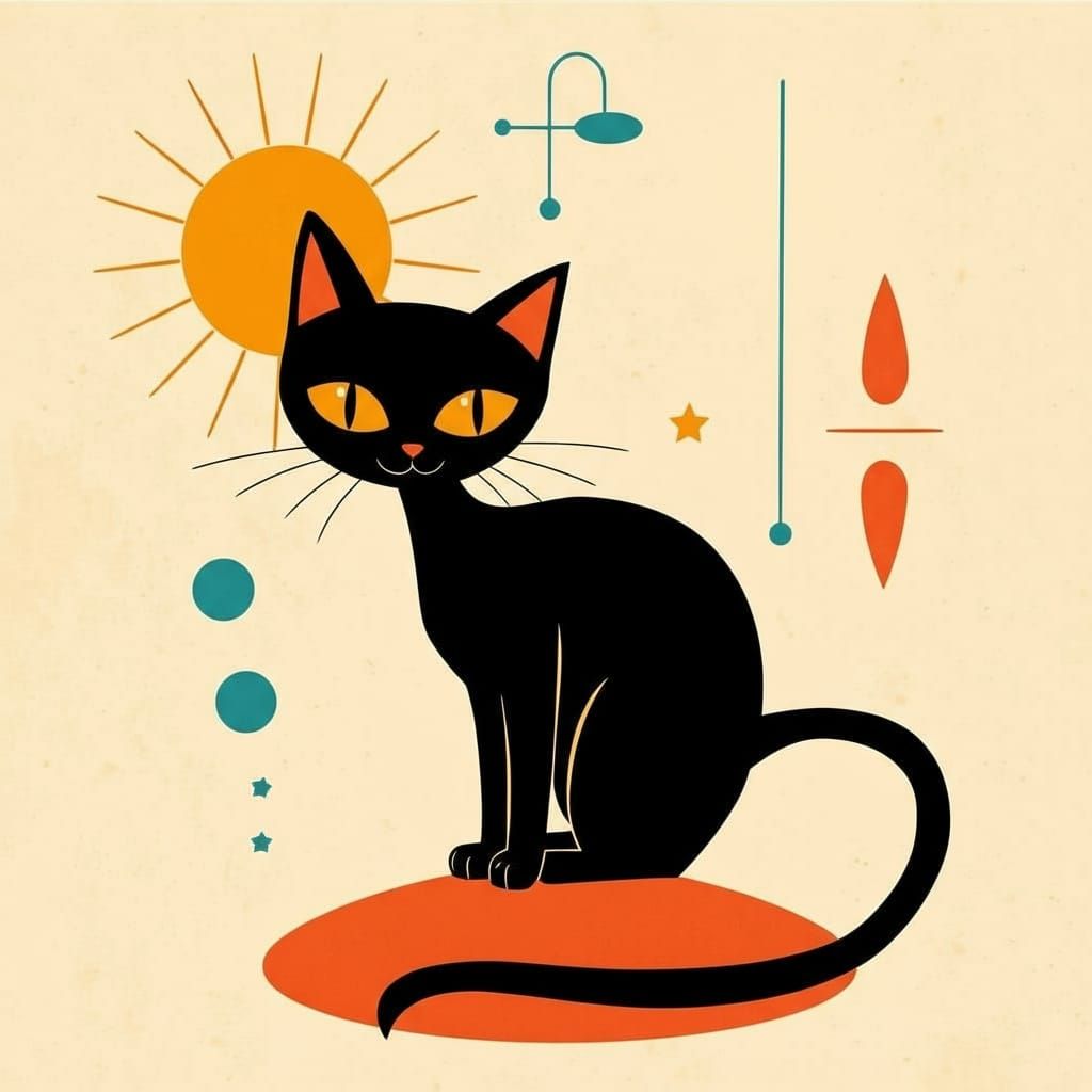 Stylized Black Cat with Yellow Eyes in Mid-Century Style
