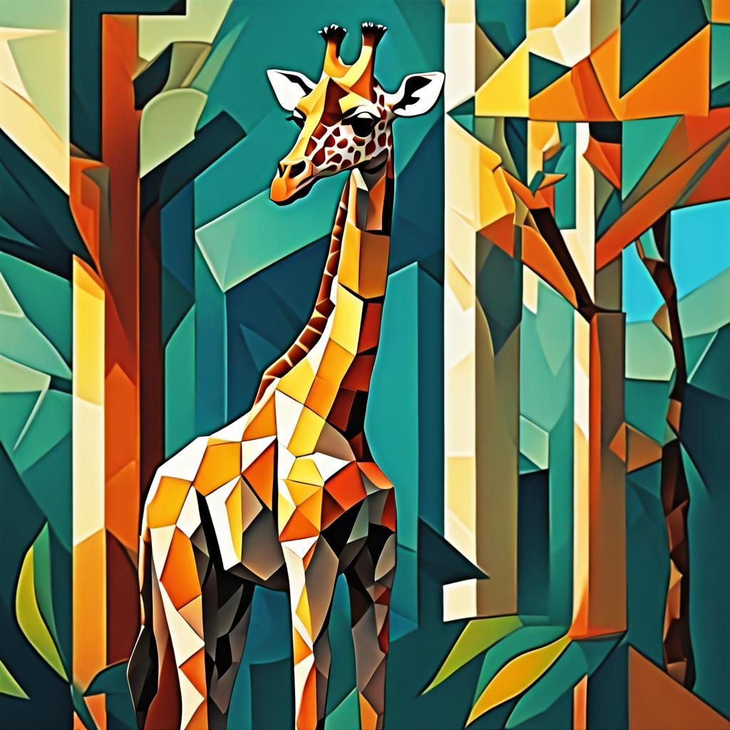 Cubist Giraffe Eating Tree in Geometric Style