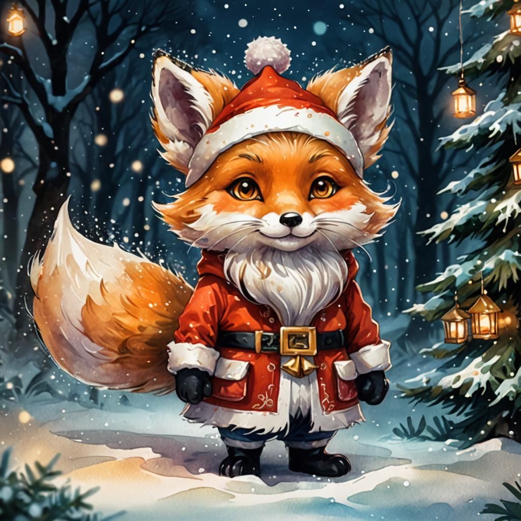 Vibrant Chibi Santa Fox in Watercolor Style