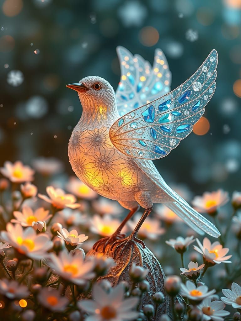 Crystalline Sparrow Sculpture in Luminescent Garden