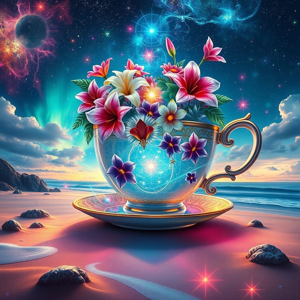 Cosmic Teacup with Flowers on Surreal Beach