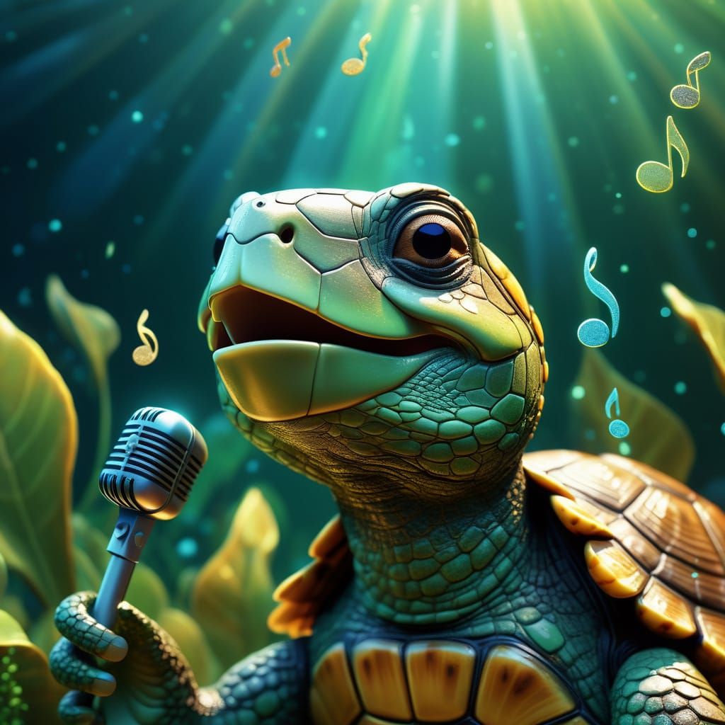 Singing Turtle in Cartoon Style with Musical Notes