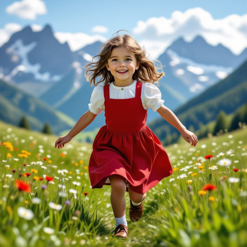 Joyful Alpine Girl Running Through Mountain Meadows