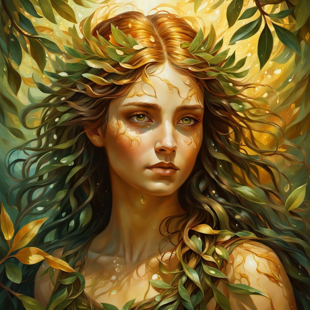 Greek mythology-inspired hybrid creature. Medium shot. Orseis Olivea, a mystical fusion of a dryad and a nymph, surround...