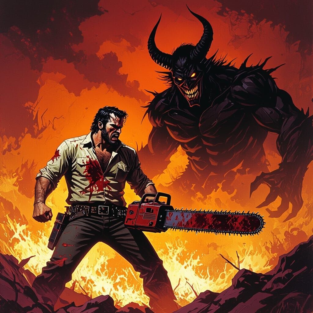 Ash Williams Battles Satan in Hellish Landscape