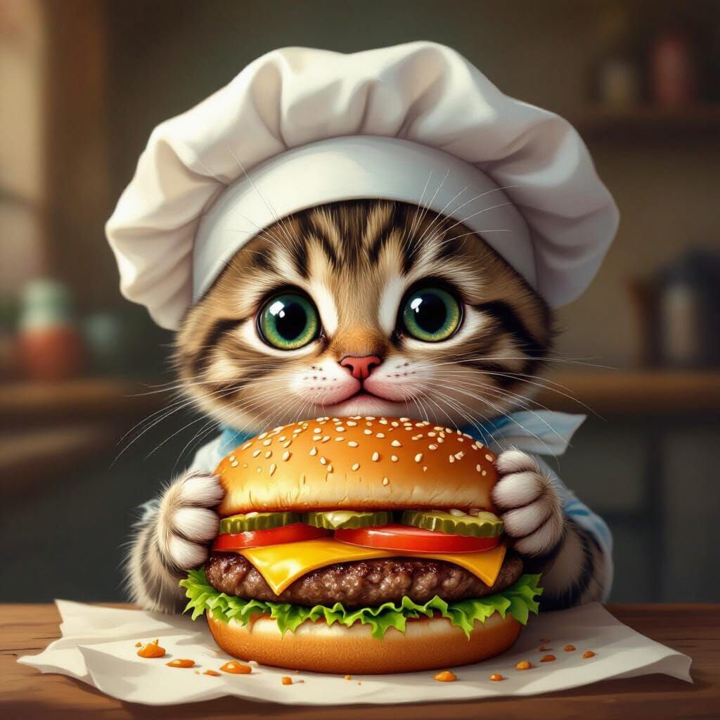 Adorable Kitten Enjoys a Juicy Burger in Fun Animation