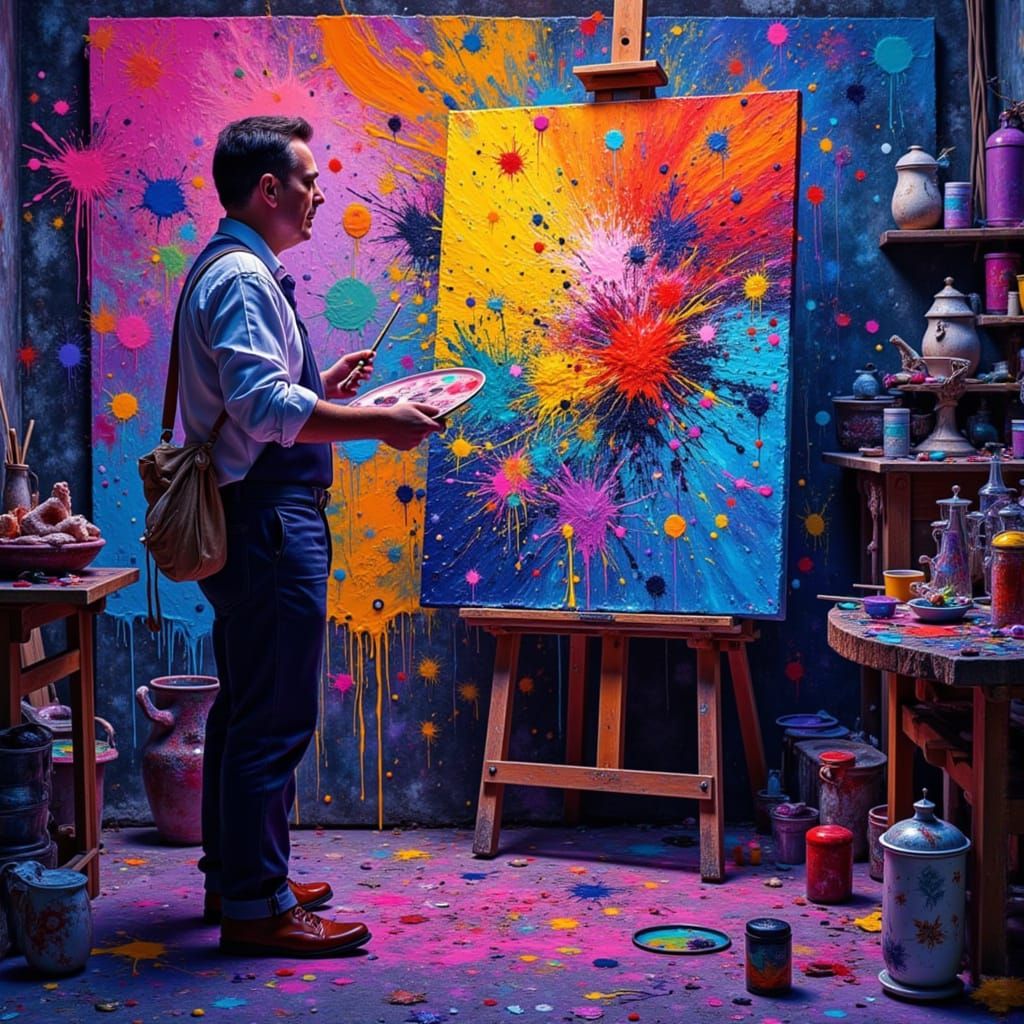 Cubist Painter in Bioluminescent Studio, Hyper Realistic