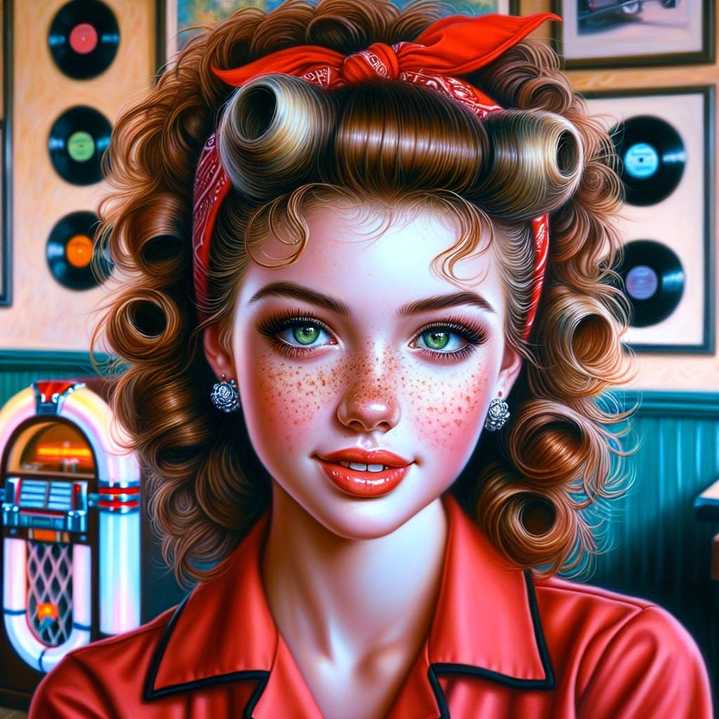 Rockabilly Girl in 50s Diner: Hyperrealistic Oil Painting