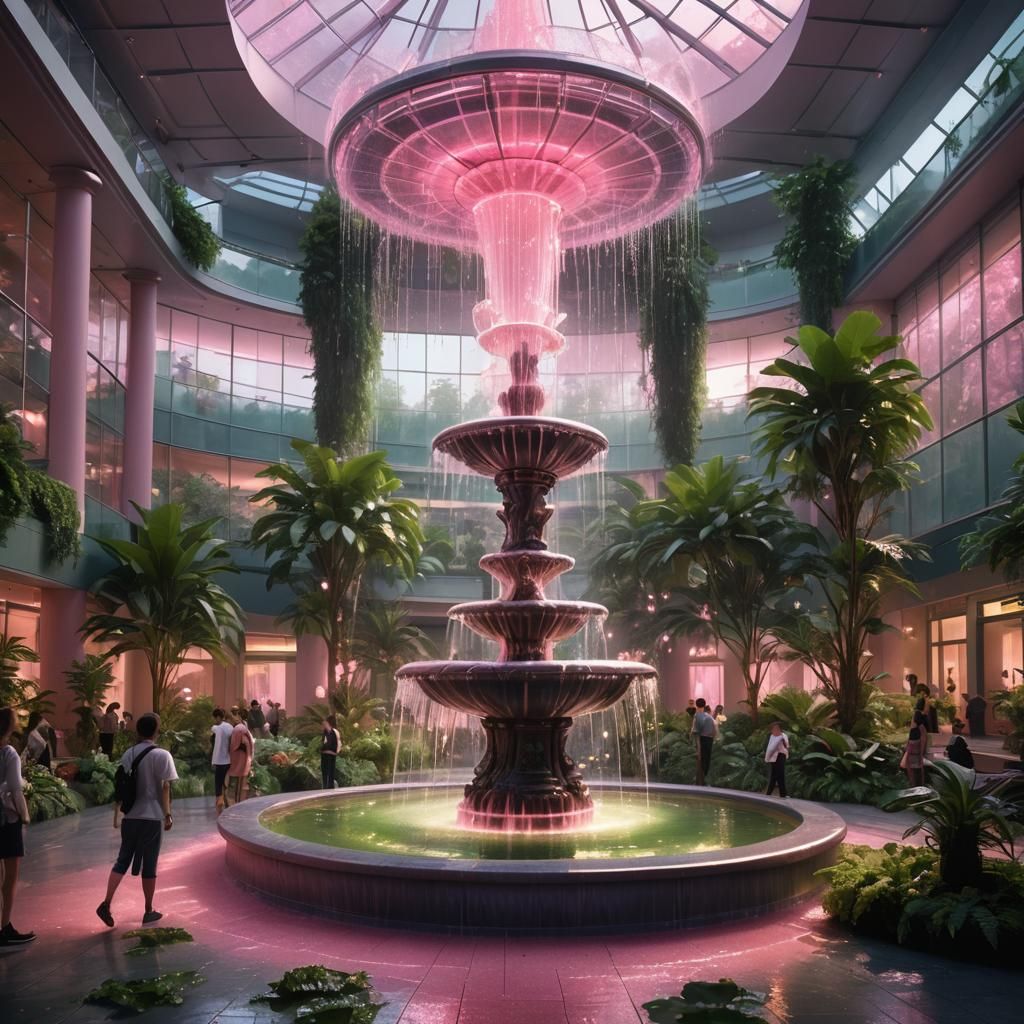 Illuminated Glass Fountain in Lush Atrium: Digital Art