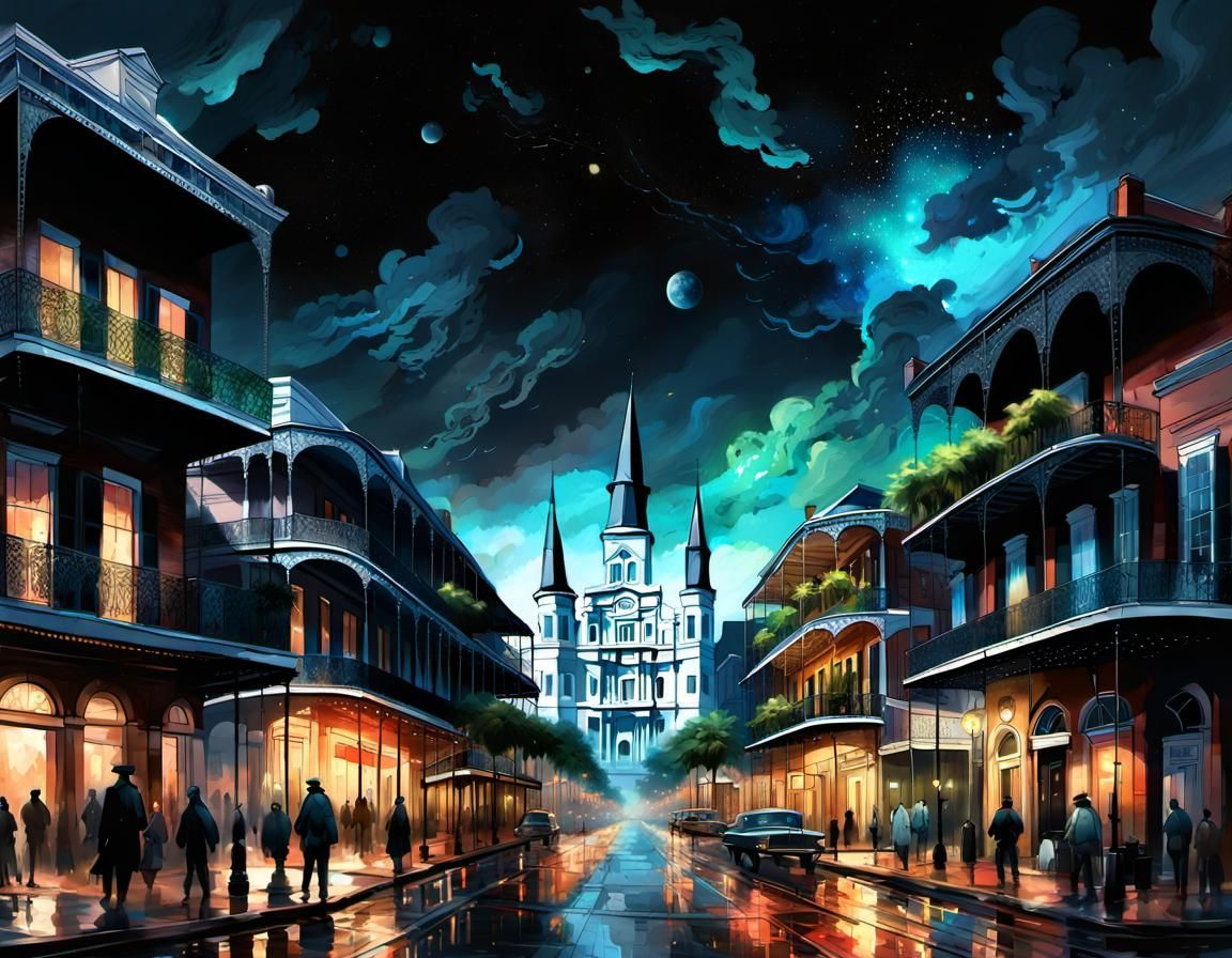 New Orleans Streetscape with Nebula Sky
