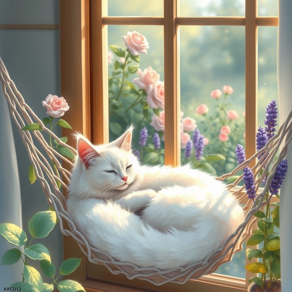 Cat in Hammock: Watercolor Art with Lush Garden