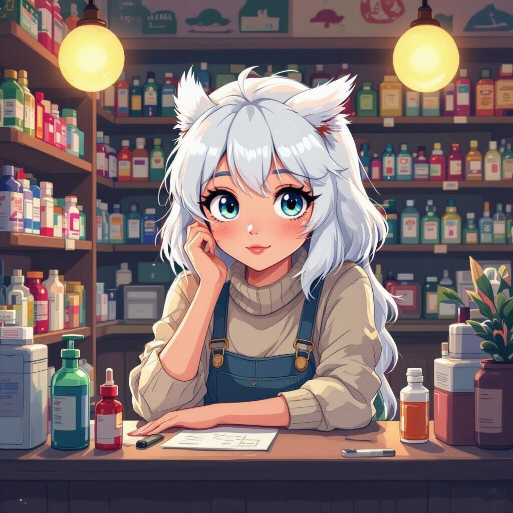 Anime Girl Working in Retro 80s Drugstore