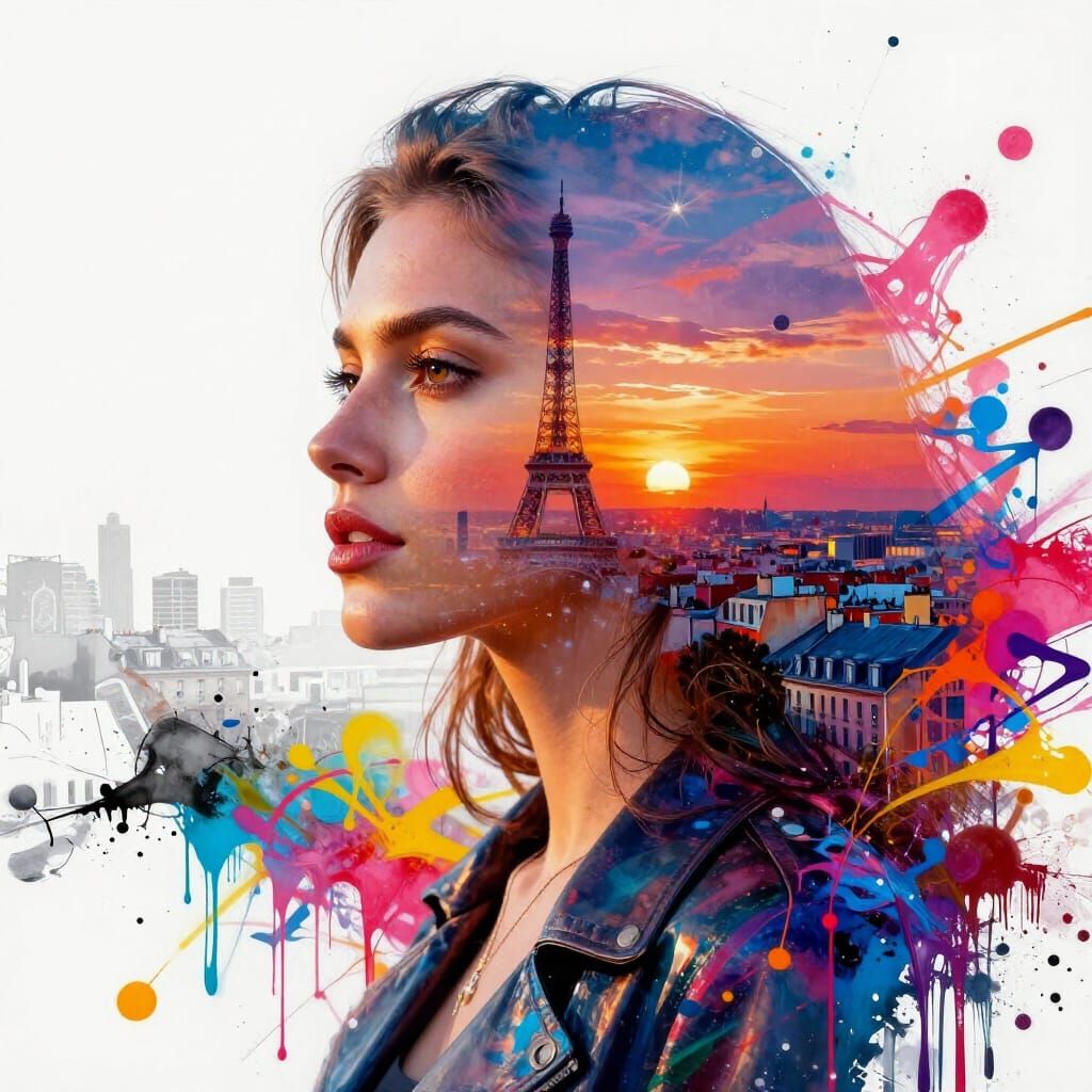 Parisian Skyline Double Exposure Portrait with Graffiti Art