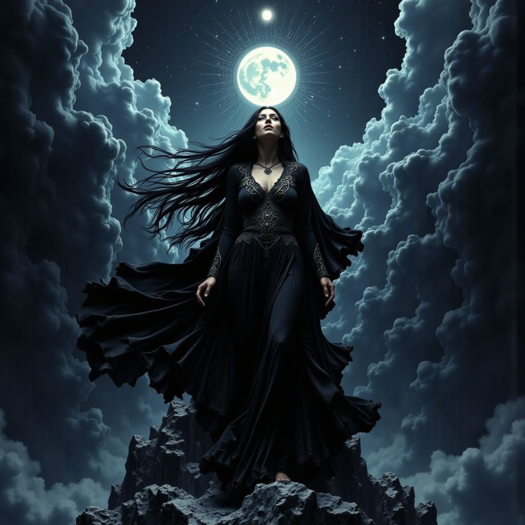 Mysterious Nyx Goddess Amidst Dark Mystical Landscape