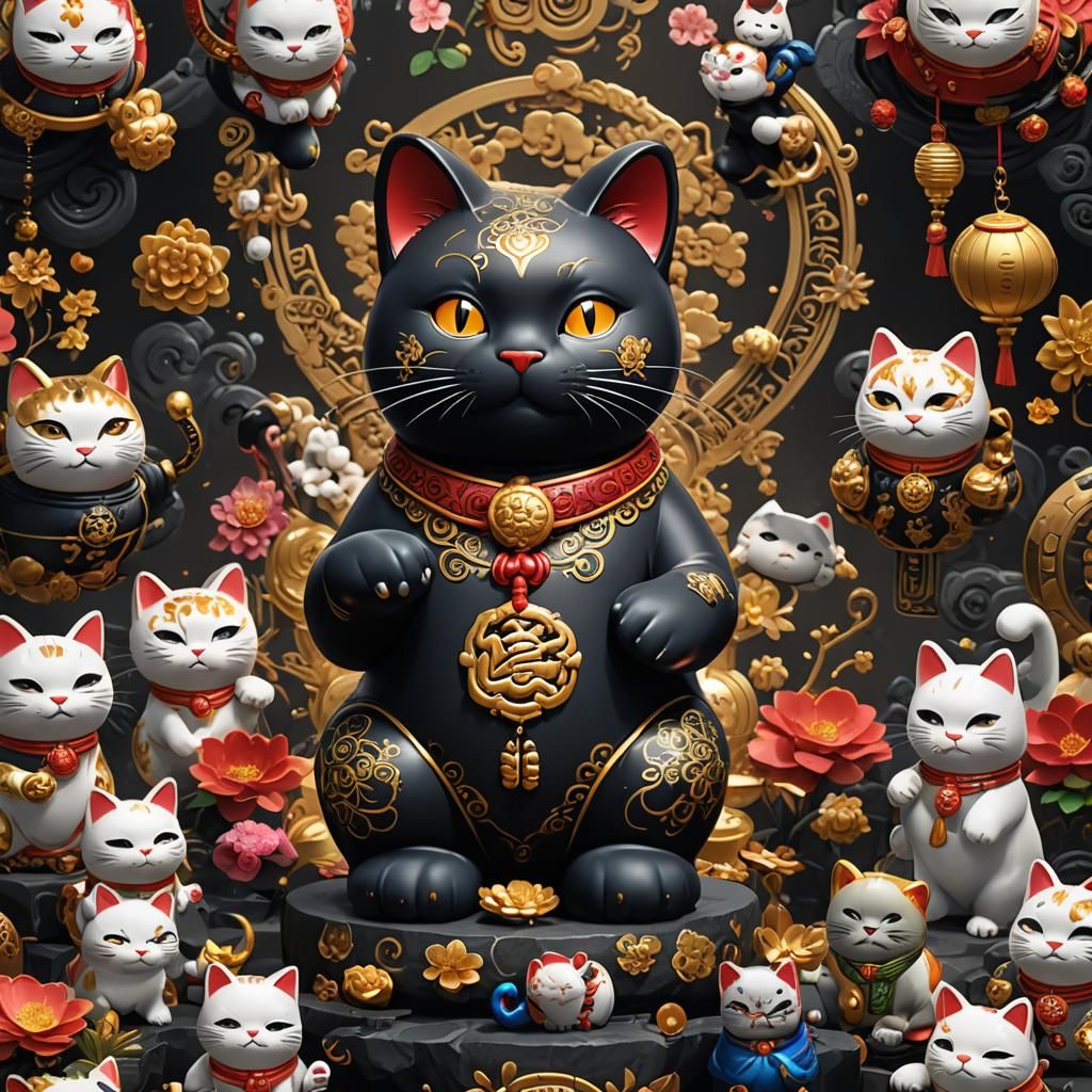 Maneki Neko Black Wallpaper in Detailed Matte Painting