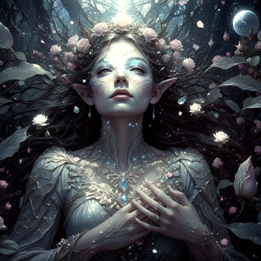 Ethereal Elven Goddess of Beauty and Prismatic Roses