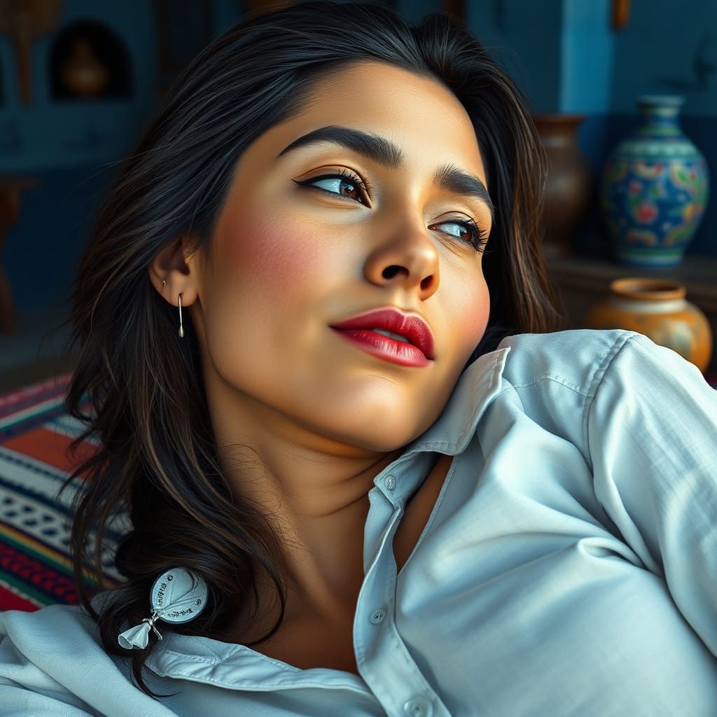 Hispanic Woman Daydreaming in Cozy Hacienda Setting