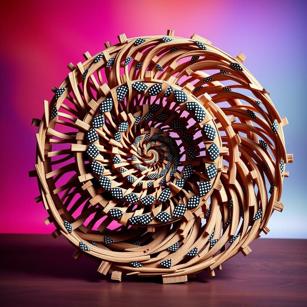 Intricate Wooden Spiral Sculpture with Polka Dots