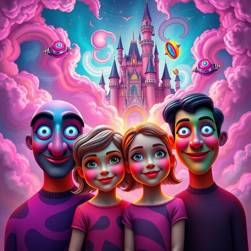 Family in Vibrant Surrealism with Whimsical Castle