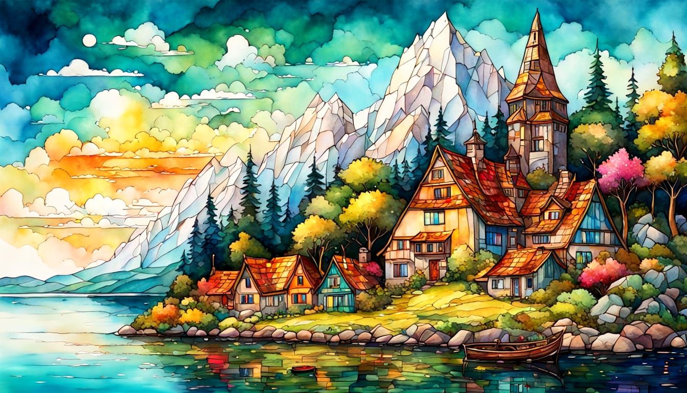 Colorful Alcohol Ink Landscape with Sailboat and Village