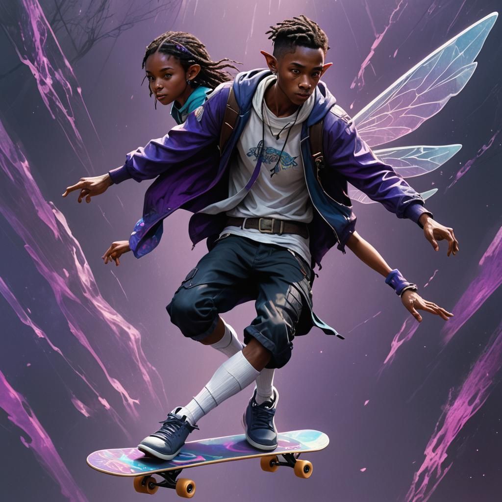 Futuristic Elf Sky-Witch on Flying Skateboard