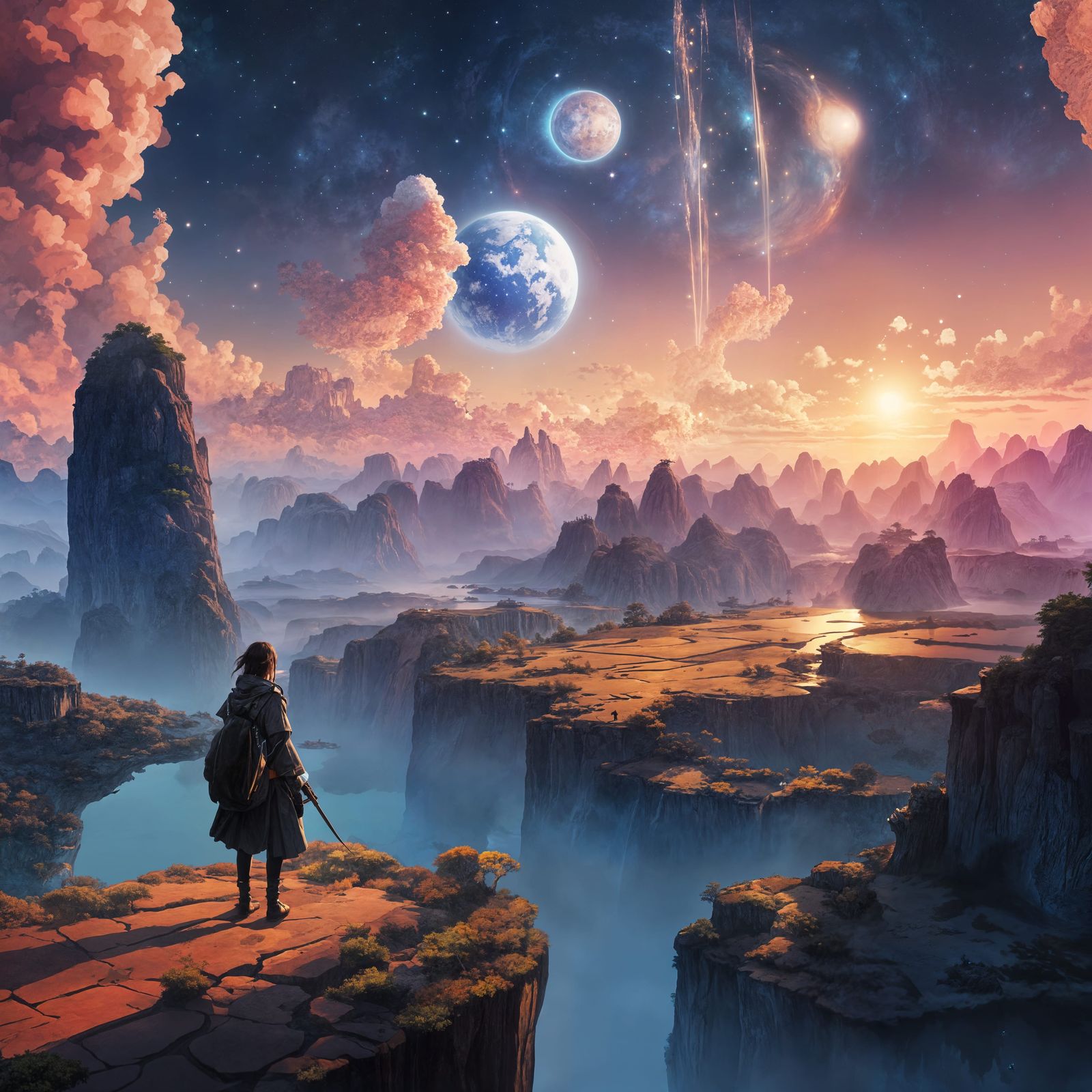 Anime-Style Wanderer in a Cosmic Landscape