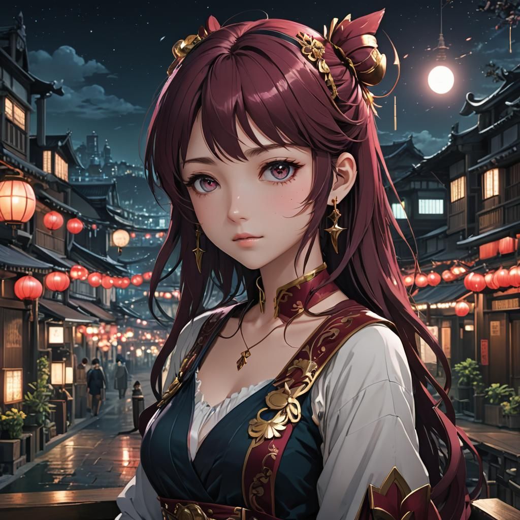 Anime Girl at Night in Burgundy and Gold