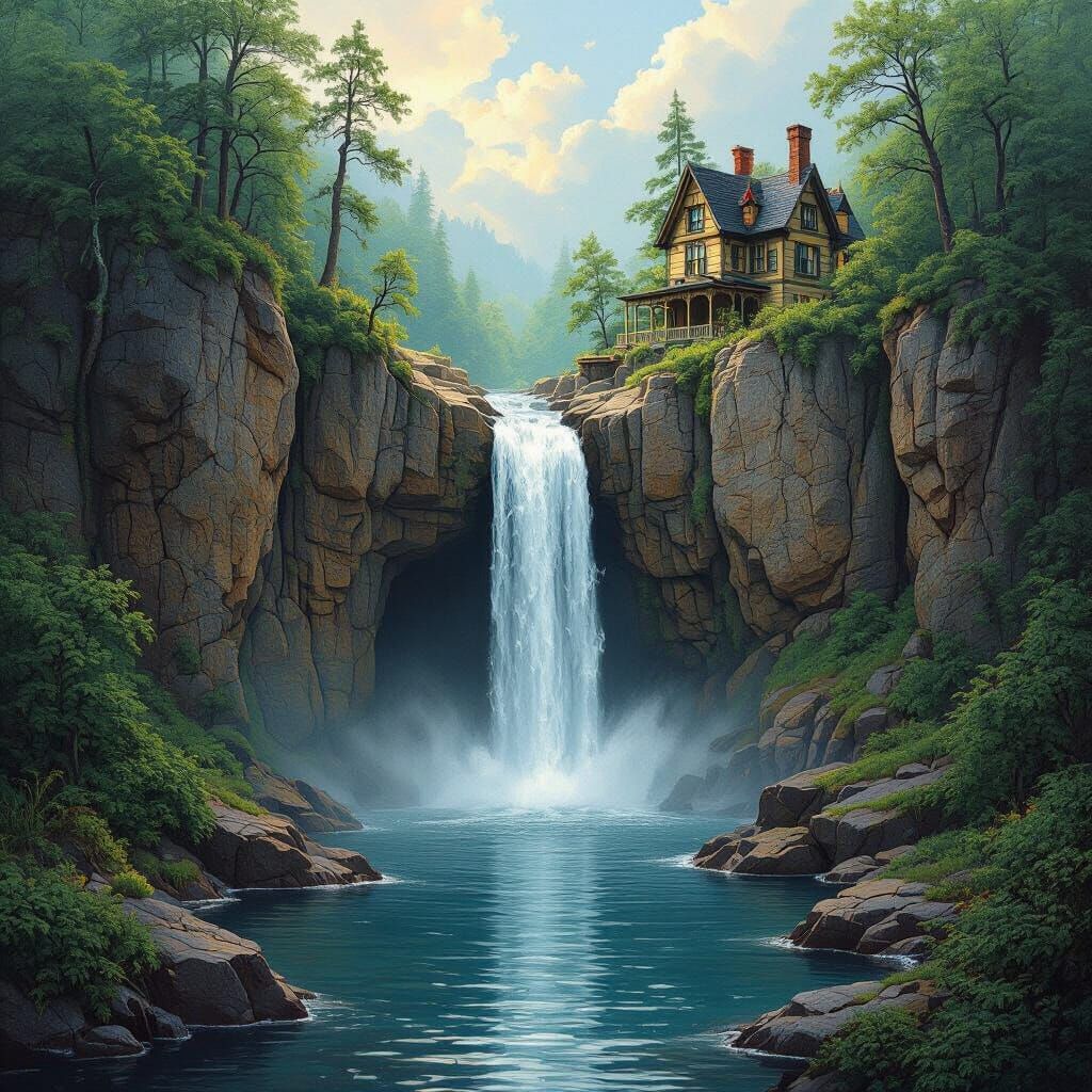 Waterfall Cascade From Cliffside Cave, Romantic Landscape